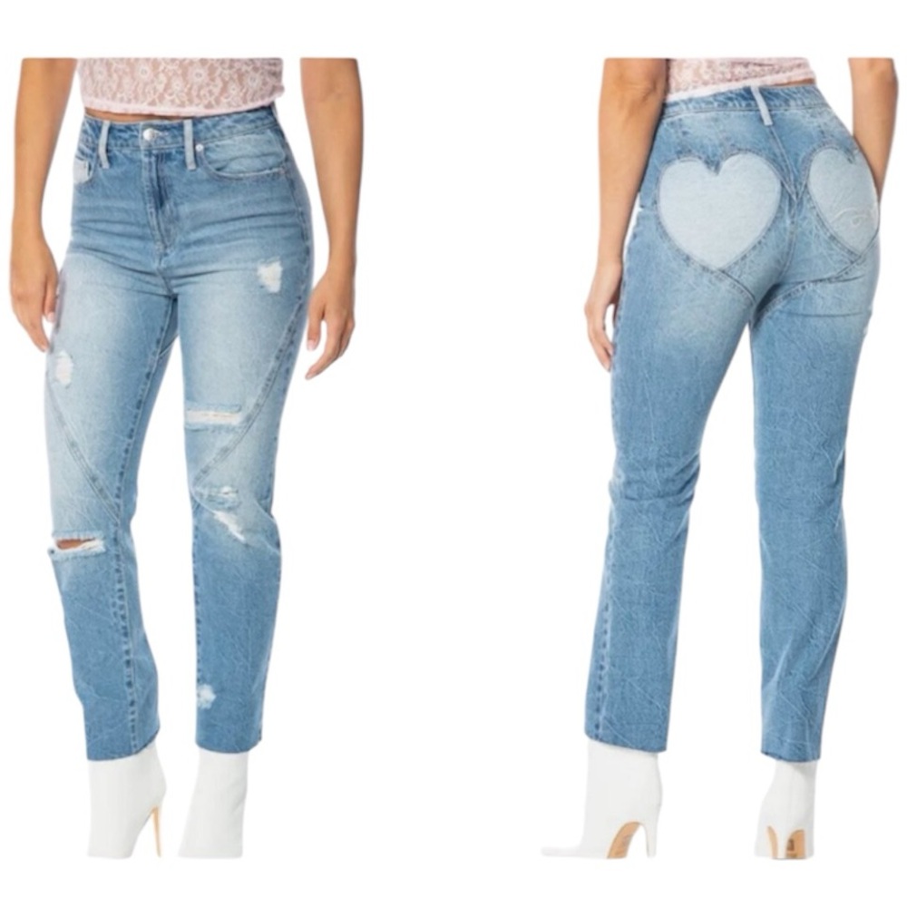 NWT Juicy Couture Two Hearts Distressed Straight Leg Jeans Blue Size 28